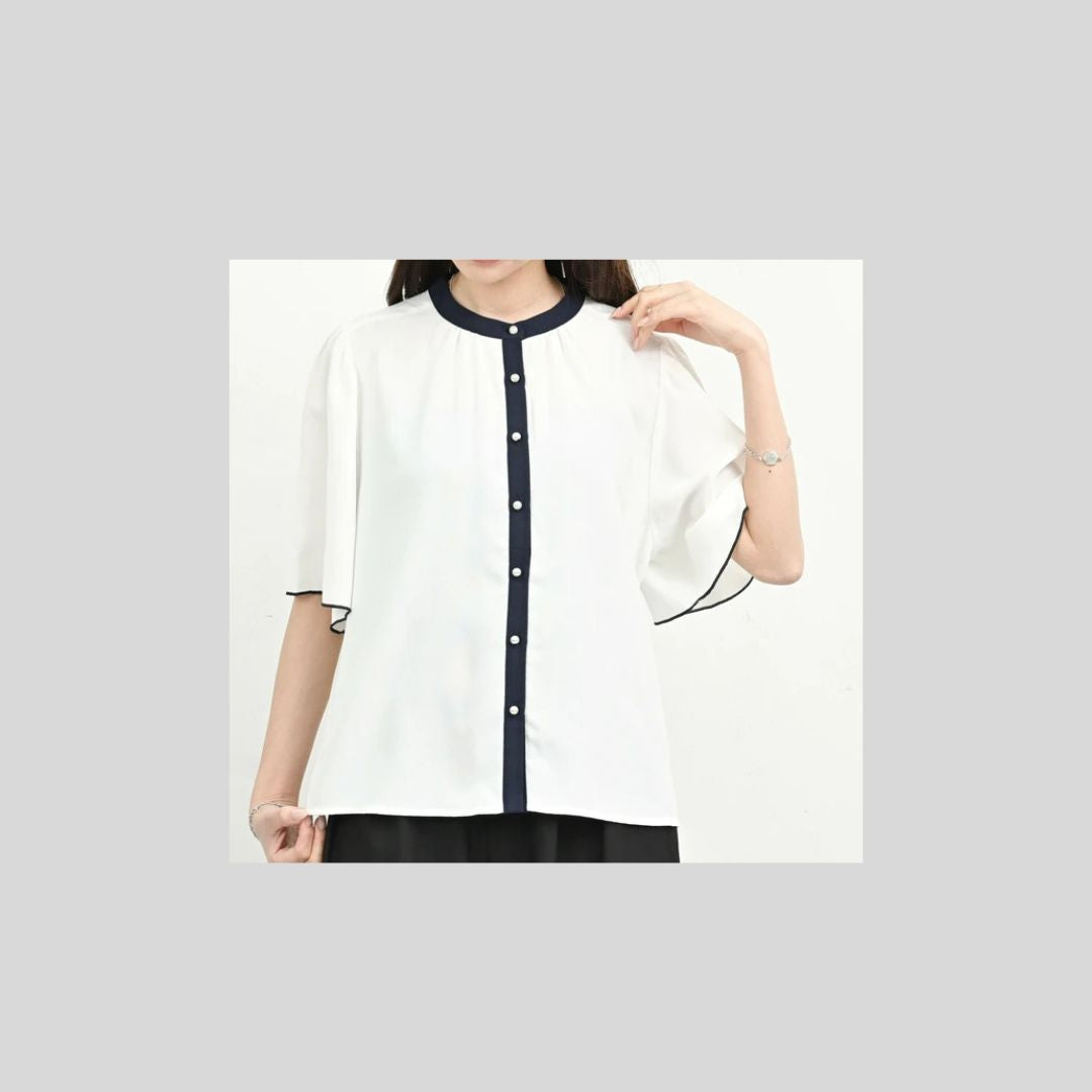 【ホワイト再入荷】半袖ブラウス、シンプルバイカラー
