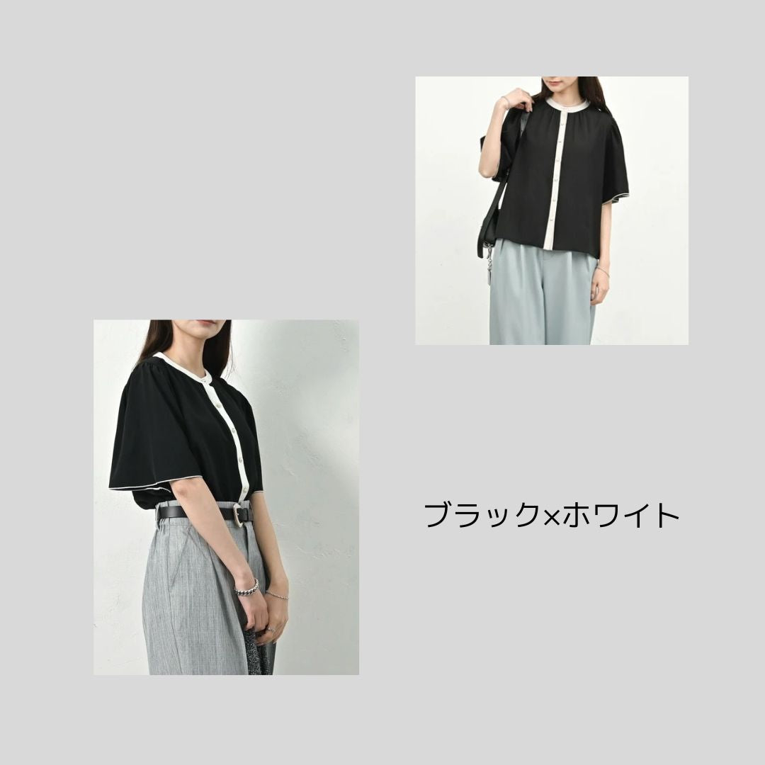 【ホワイト再入荷】半袖ブラウス、シンプルバイカラー