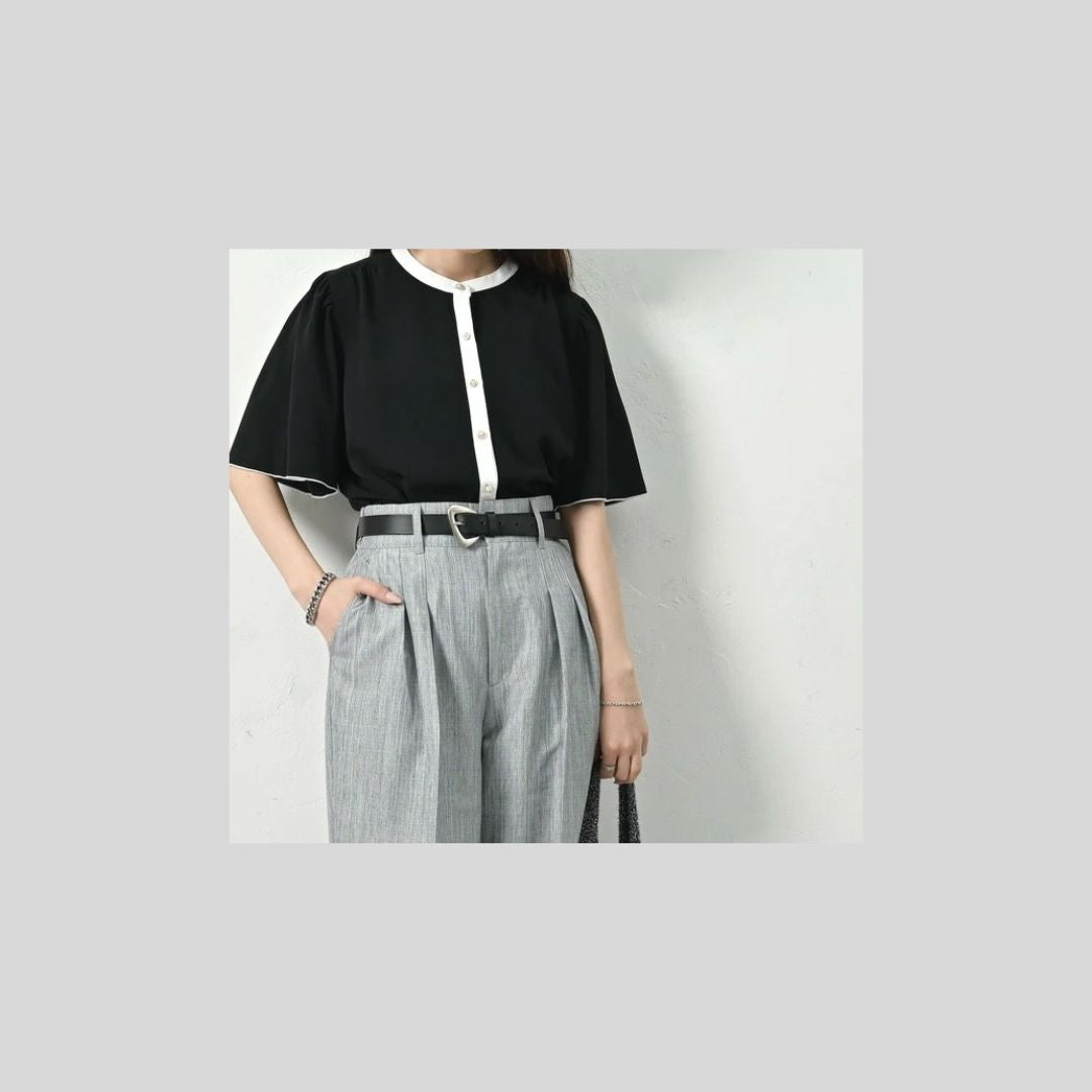 【ホワイト再入荷】半袖ブラウス、シンプルバイカラー