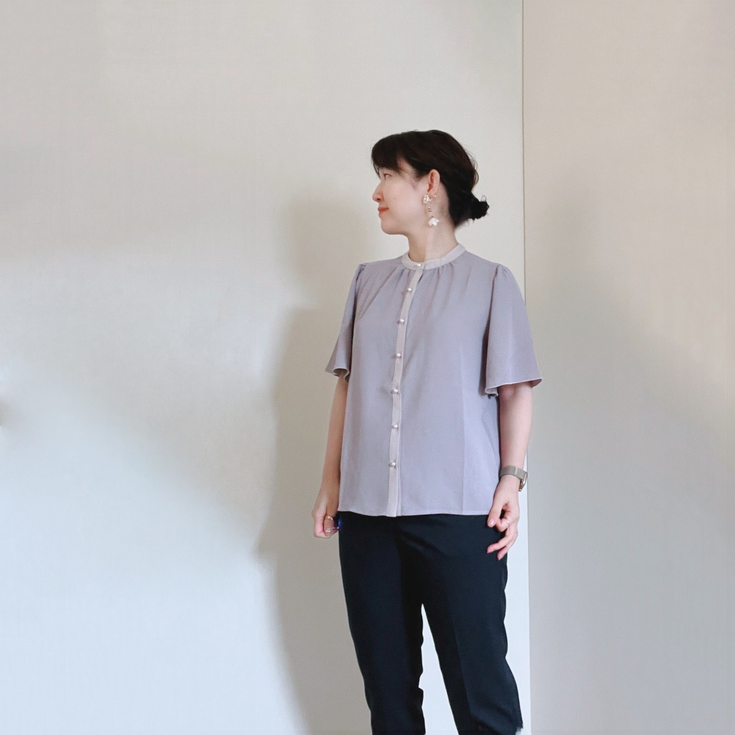 【再々入荷】半袖ブラウス、シンプルバイカラー